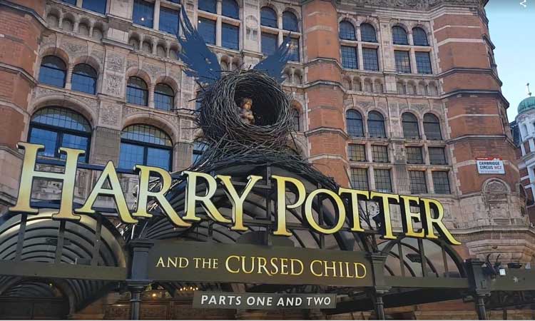 The sign for Harry Potter and the Cursed Child outside the Palace Theatre.