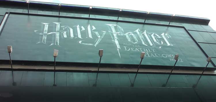 The sign fro The Deathly Hallows part Two outside the Odeon, Leicester Square.