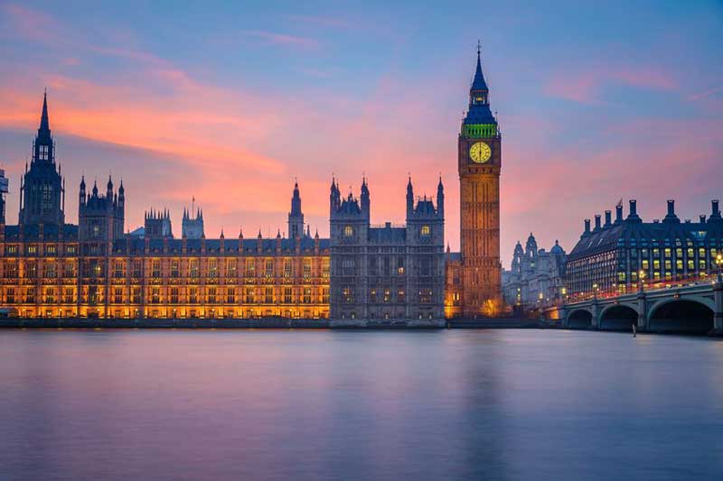 The Houses of Parliament seen from the south side of the River Thames.