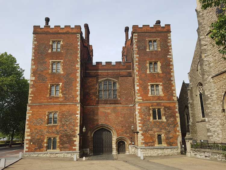 The red-brick gatehouse of Lambeth Palace.