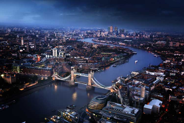 Looking past Tower Bridge towards Docklands.