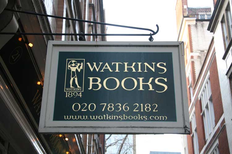 The sign for Watkins Books.