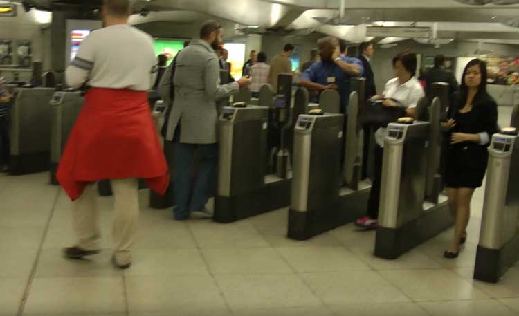 The ticket barrier at Westminster Station.